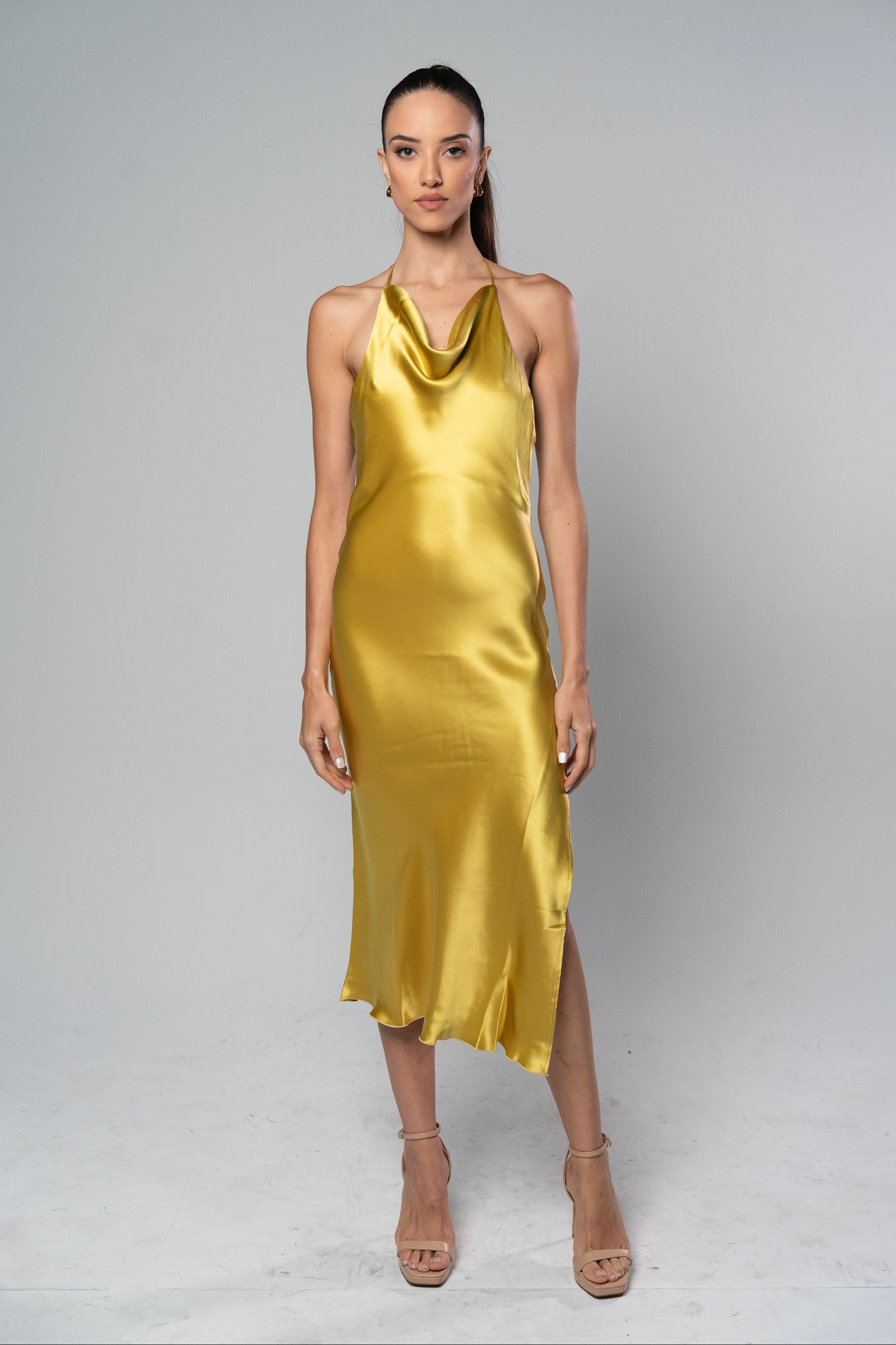 knee length dresses for ladies Metallic Gold Slip Maxi Dress – IRHAZ main image 1